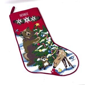 LL Bean Needlepoint Christmas Stocking Woodland Bear Raccoon Deer Tree - BERNIE